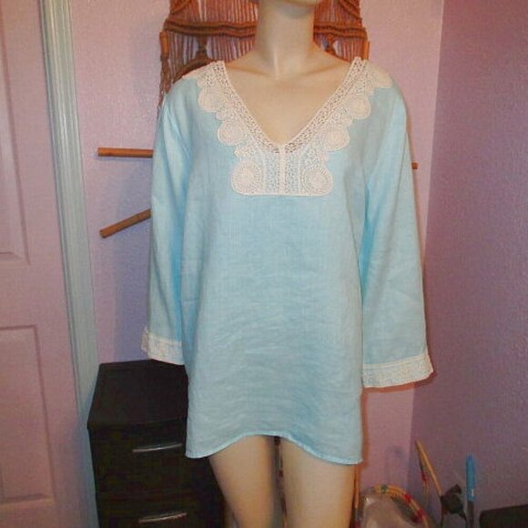 August Silk Women's Linen Top Size L Tunic Crochet 3/4 Sleeves Lagenlook Boho - Picture 1 of 10